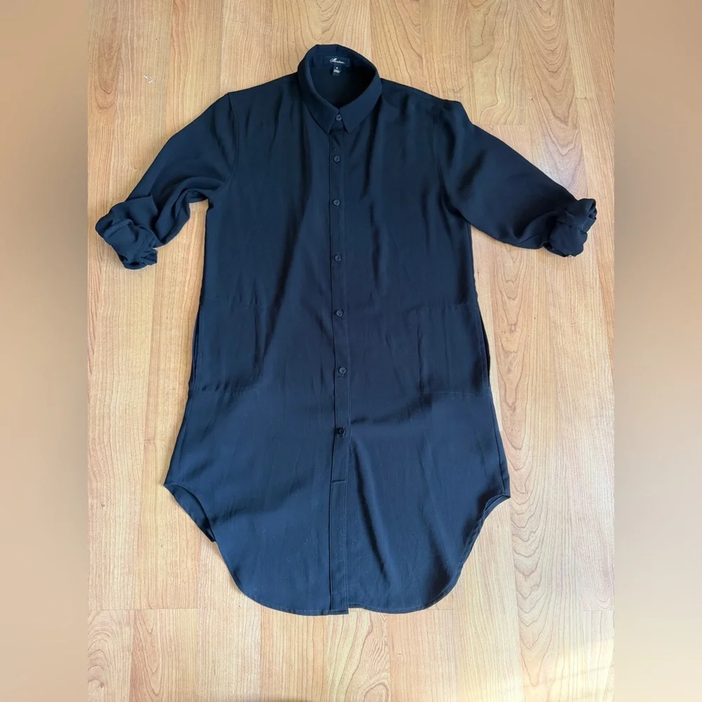 Monteau Women’s Collared Black Longline Button-up Half Sleeve Dress Size Small - Picture 2 of 6